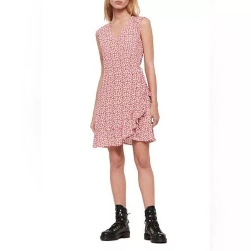All Saints Krystal Red White Floral Print Wrap Dress Ditsy Flowers Ruffle Size S